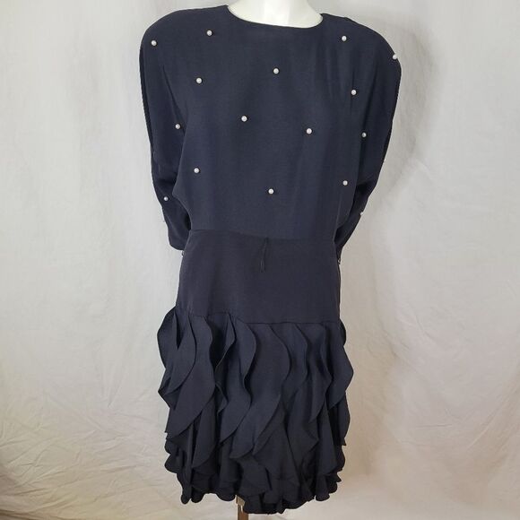 Betsy‎ & Adam Black Ruffle Skirt Faux Pearl Accent Sheath Dress Size 9/10 - Picture 1 of 9